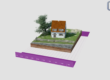 3D-Modell eines Einfamilienhauses mit Baum auf einem vermessenen Grundstücksraster.